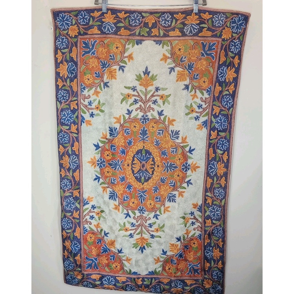 Hand Embroidered Crewel Tapestry Made in India Floral Wall Hanging 28x47 Boho